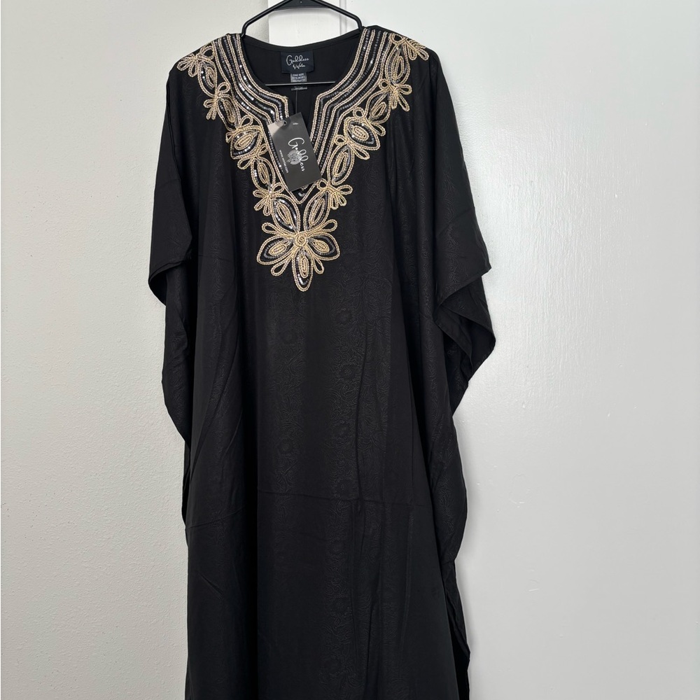 Black Caftan with Gold V-Embossed Design